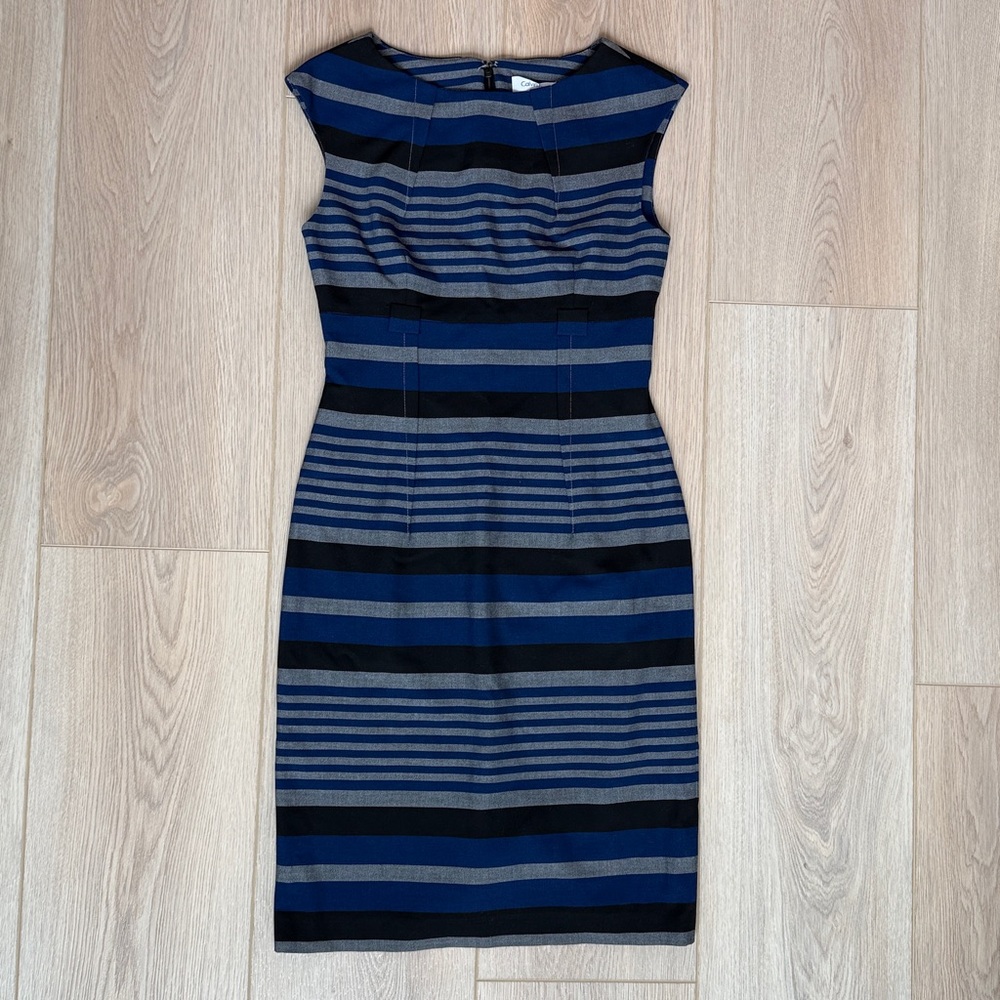 Calvin Klein Striped Sleeveless Sheath Dress Navy Blue Grey Black Size 2